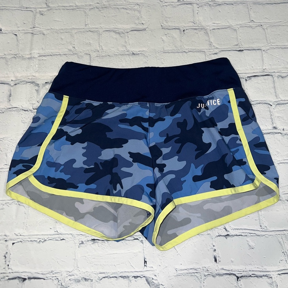 Justice Blue and Black Camouflage Athletic Shorts with Neon Trim